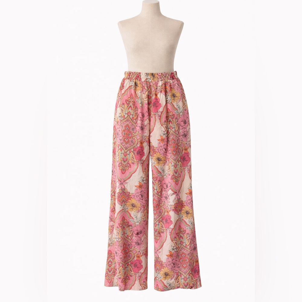Vestique Pink and Yellow Floral Wide Leg Pants
